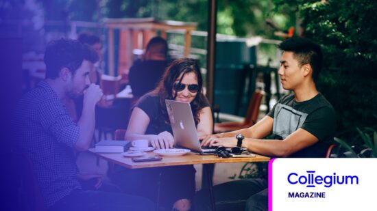 Students working on laptops at an outdoor table, tinted in Pathify purple — Collegium Magazine: Put the Polishing Cloth Down
