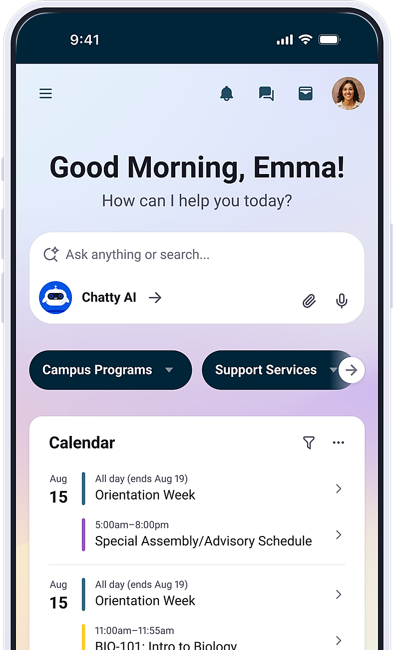 Pathify student dashboard on a phone with AI search, quick links and calendar