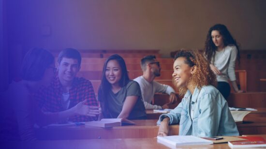 Students talking in a lecture hall, tinted in Pathify purple — article: The Student Experience Imperative