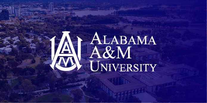 AAMU campus with blue gradient and white logo over image